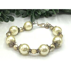 Vintage-Style Faux Pearl and Crystal Bracelet With Silver-Tone Floral Accents